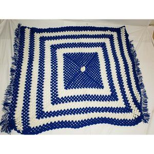 Vintage White & Blue Square Afghan Crochet Blanket Handmade 48” x 60” Throw